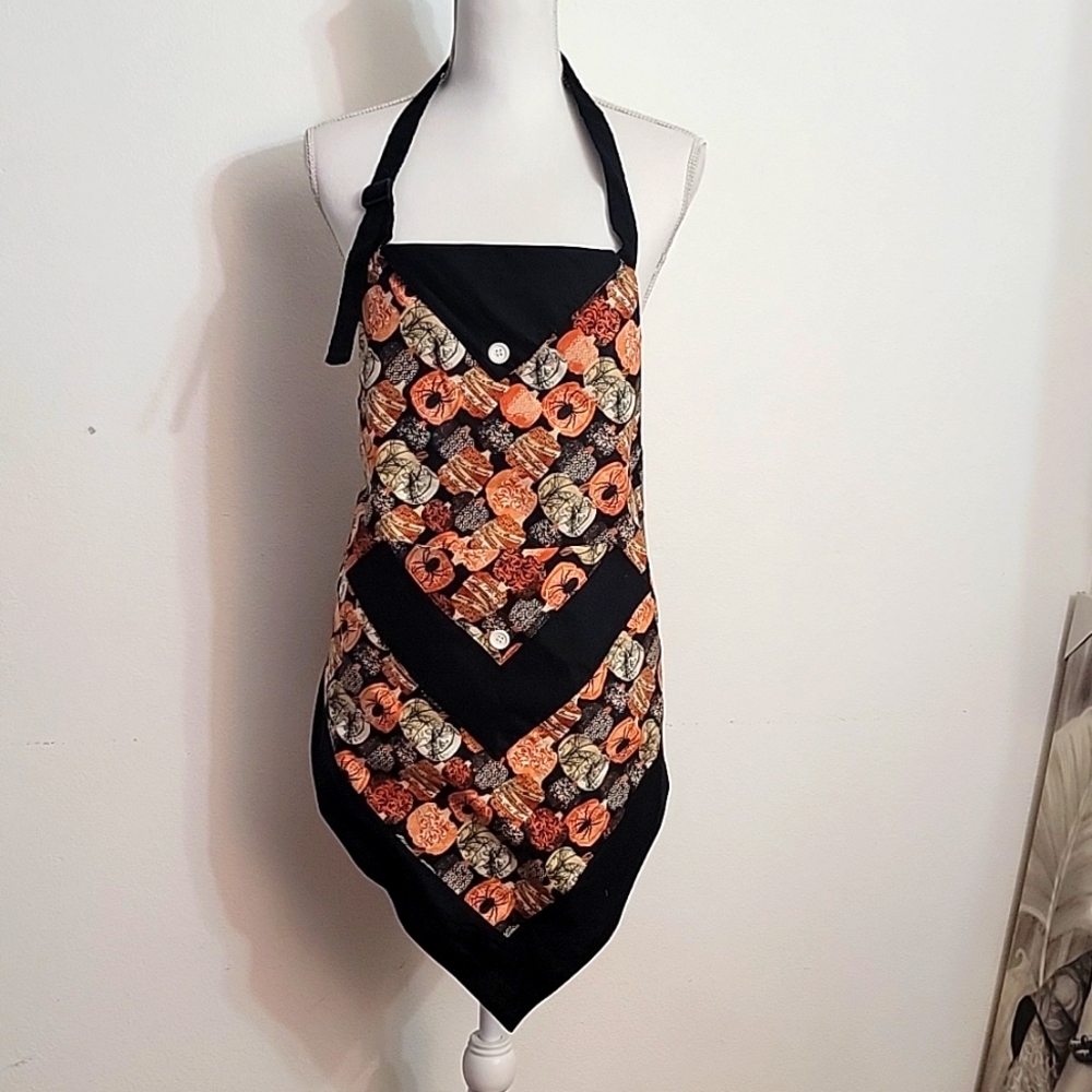 Handmade Halloween Pumpkin Chevron Apron Vtg Style Pointed Hem